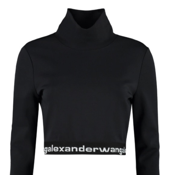 Alexander Wang Logo Elastic Cropped Mock Neck Top Long Sleeve Black - Picture 5 of 15